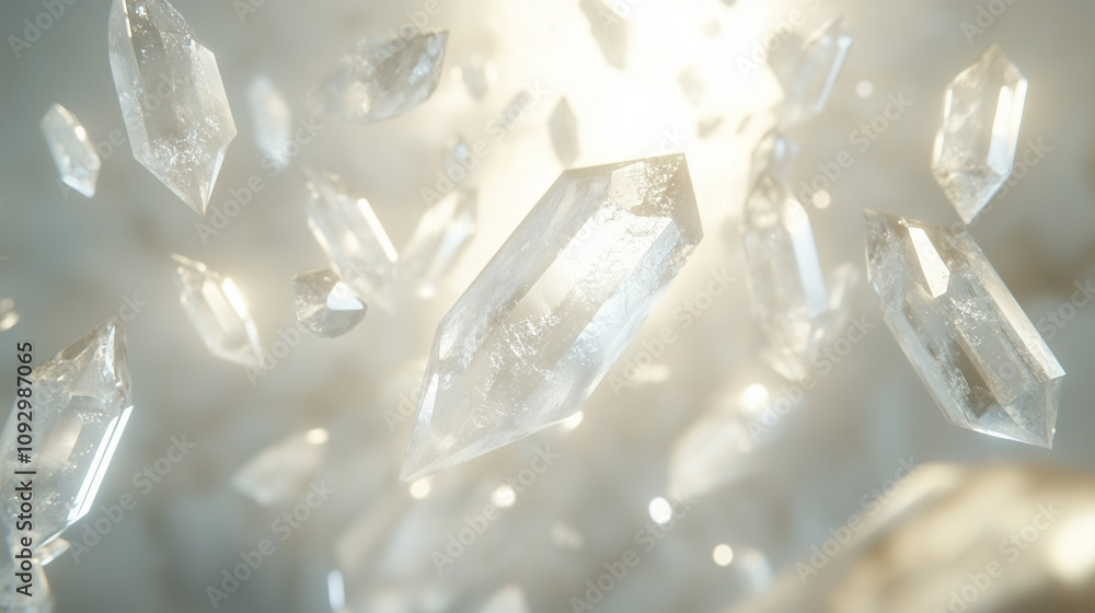 A 3D scene where meditation crystals are floating in the air, surrounded by a soft light glow. The plain background allows the crystals to shine, representing clarity and peace. A 3D scene where meditation crystals are floating in the air, surrounded by a soft light glow. The plain background allows the crystals to shine, representing clarity and peace.