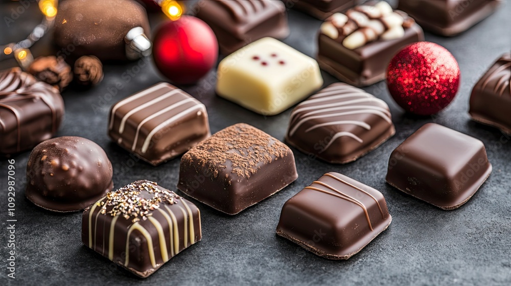Luxurious Christmas chocolates displayed with holiday ornaments and glowing lights, creating a festive, indulgent scene. Luxurious Christmas chocolates displayed with holiday ornaments and glowing lights, creating a festive, indulgent scene.