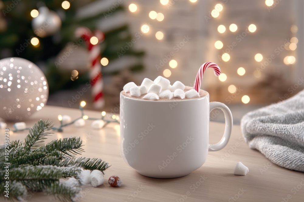 Cozy hot chocolate with marshmallows and candy cane in festive holiday setting Cozy hot chocolate with marshmallows and candy cane in festive holiday setting