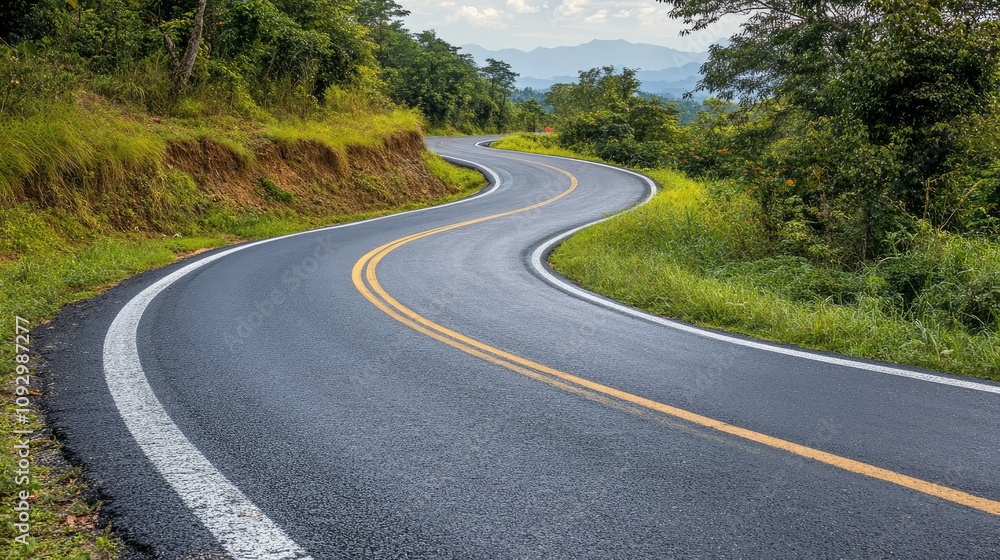 Fototapeta premium Serene Winding Road Through Lush Greenery in Scenic Landscape with Rolling Hills and Clear Skies in Background