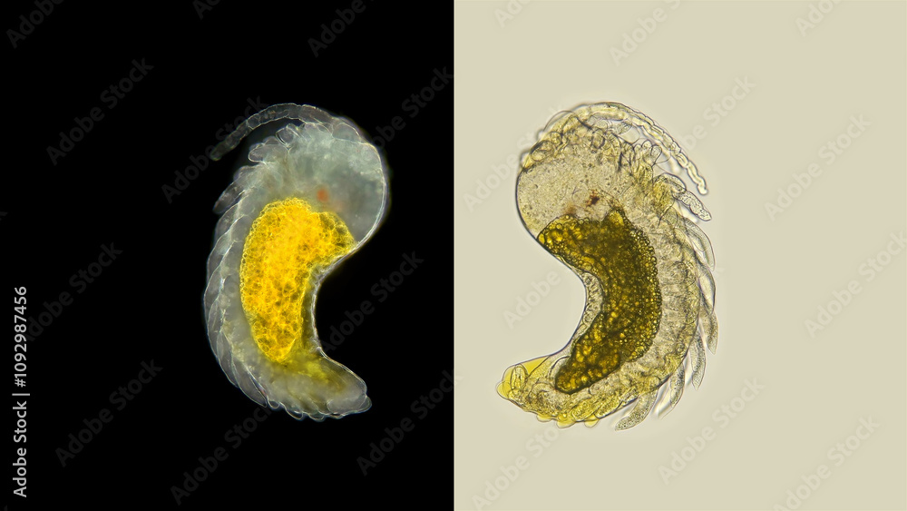 Isopoda embryo of the Asellidae family under a microscope. Formed limbs and internal organs are visible. Lake Baikal Isopoda embryo of the Asellidae family under a microscope. Formed limbs and internal organs are visible. Lake Baikal