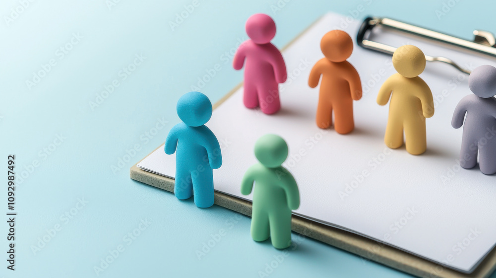Colorful clay figures on clipboard against pastel blue background, representing teamwork and collaboration. These playful icons symbolize unity and diversity in creative workspace Colorful clay figures on clipboard against pastel blue background, representing teamwork and collaboration. These playful icons symbolize unity and diversity in creative workspace