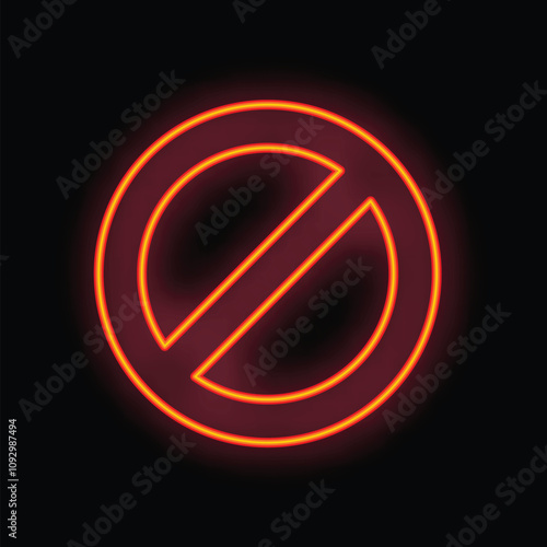 Bright red neon forbidden symbol is glowing on a black background