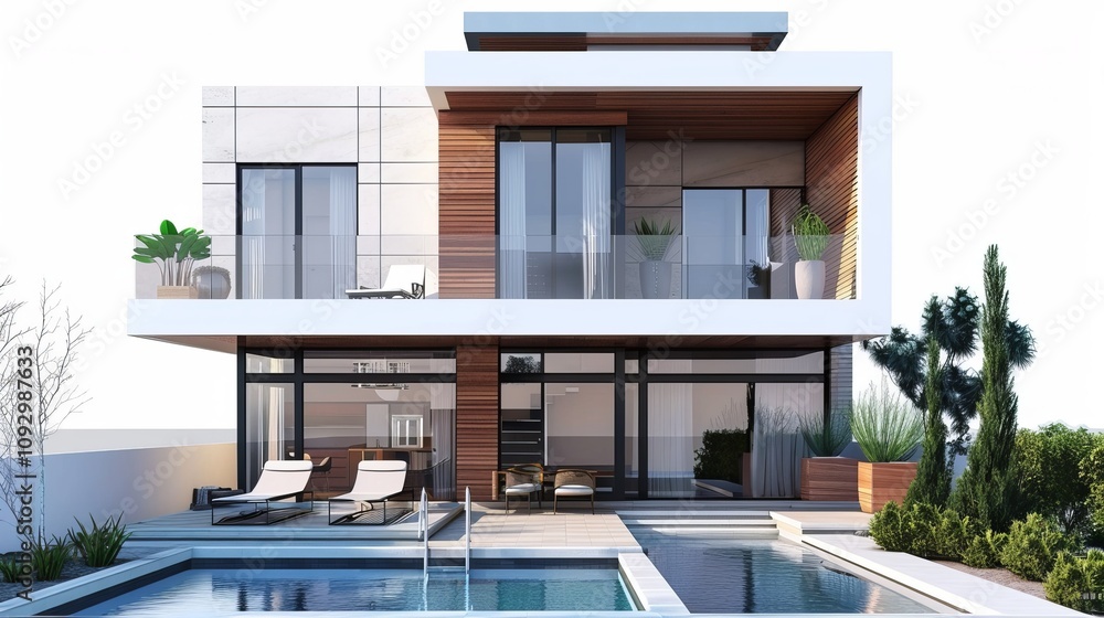 Modern two-story villa with a swimming pool and elegant outdoor space, featuring glass walls and wooden accents. Modern two-story villa with a swimming pool and elegant outdoor space, featuring glass walls and wooden accents.