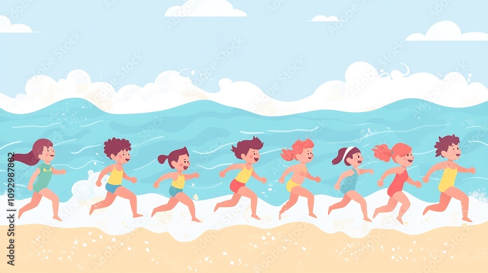 Energetic group of children running playfully along the sandy beach in vibrant colorful swimsuits with the serene ocean waves and scenic seascape in the background Energetic group of children running playfully along the sandy beach in vibrant colorful swimsuits with the serene ocean waves and scenic seascape in the background