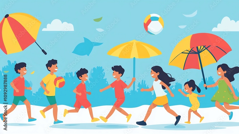 Energetic Kids Running and Playing with Beach Ball on Sunny Summer Day at the Beach Carefree children enjoying a fun filled outdoor adventure on a bright cheerful day by the seaside Energetic Kids Running and Playing with Beach Ball on Sunny Summer Day at the Beach Carefree children enjoying a fun filled outdoor adventure on a bright cheerful day by the seaside