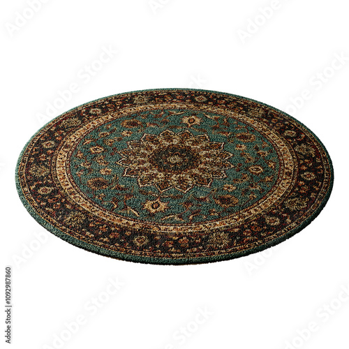 A blue and brown rug with a flower pattern