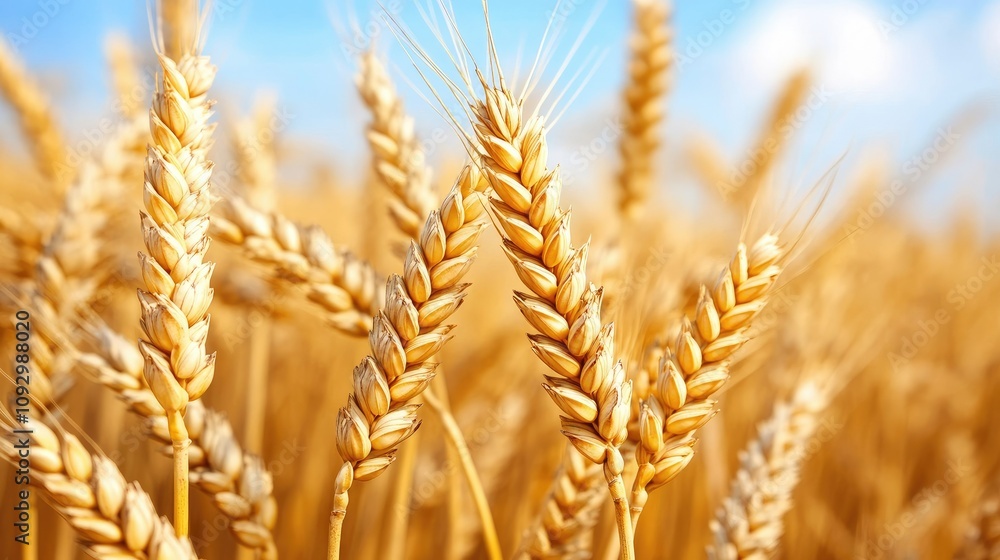 Golden Wheat Field Under a Bright Blue Sky with Fluffy Clouds Creating a Picturesque Landscape of Agricultural Abundance and Natural Beauty in Rural Environment Golden Wheat Field Under a Bright Blue Sky with Fluffy Clouds Creating a Picturesque Landscape of Agricultural Abundance and Natural Beauty in Rural Environment
