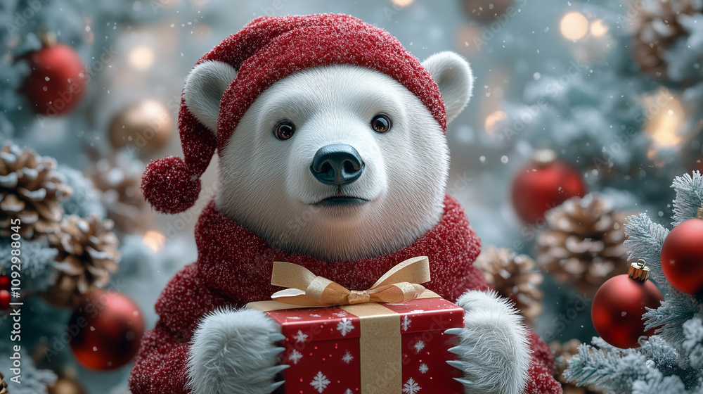 Illustration white polar bear in hat scarf, gift, character, mascot, banner copy space, Happy New Year Merry Christmas Illustration white polar bear in hat scarf, gift, character, mascot, banner copy space, Happy New Year Merry Christmas