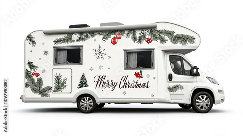 Merry christmas is written on the side of a white camper van. The van is decorated with a tree and snowflake designs