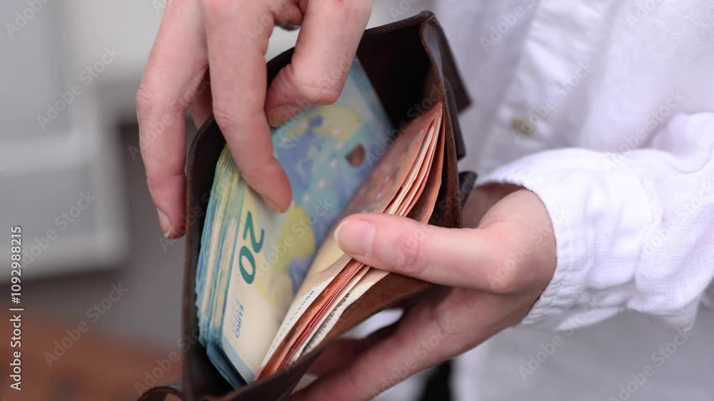 Counting money in a wallet. Euro banknotes. 4K stock slow motion video. High resolution, high quality