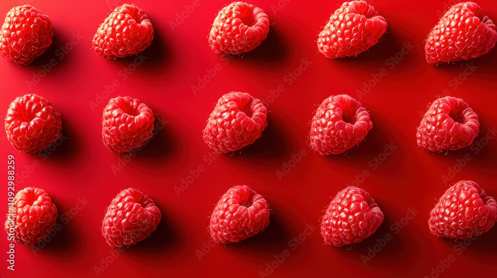 Fresh raspberries arranged in rows on vibrant red background create striking visual. rich color and texture evoke sense of freshness and vitality Fresh raspberries arranged in rows on vibrant red background create striking visual. rich color and texture evoke sense of freshness and vitality