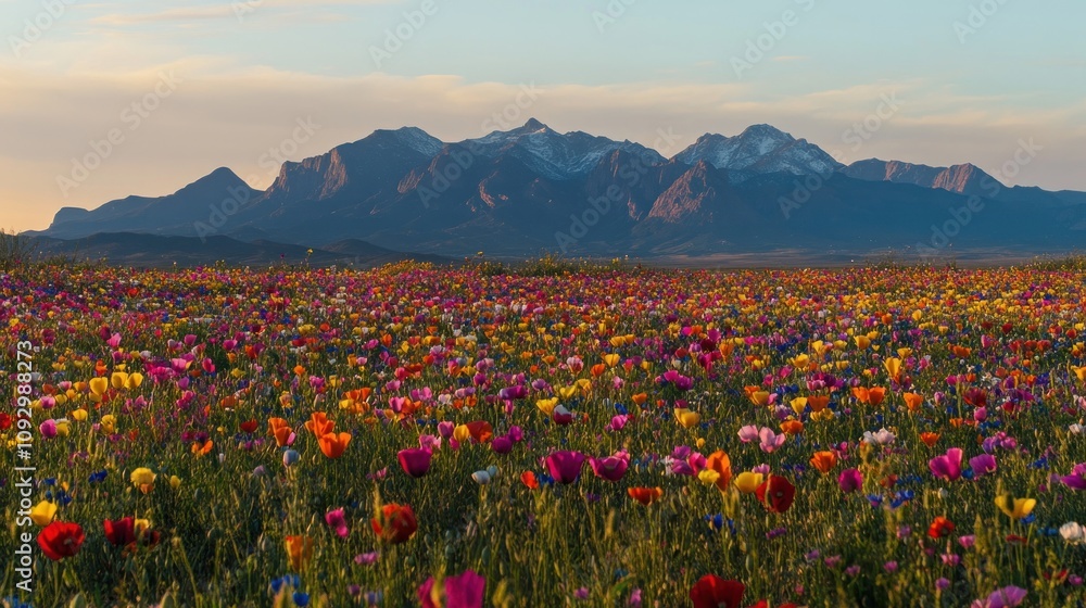 A vibrant field of flowers with mountains in the background during sunset. A vibrant field of flowers with mountains in the background during sunset.