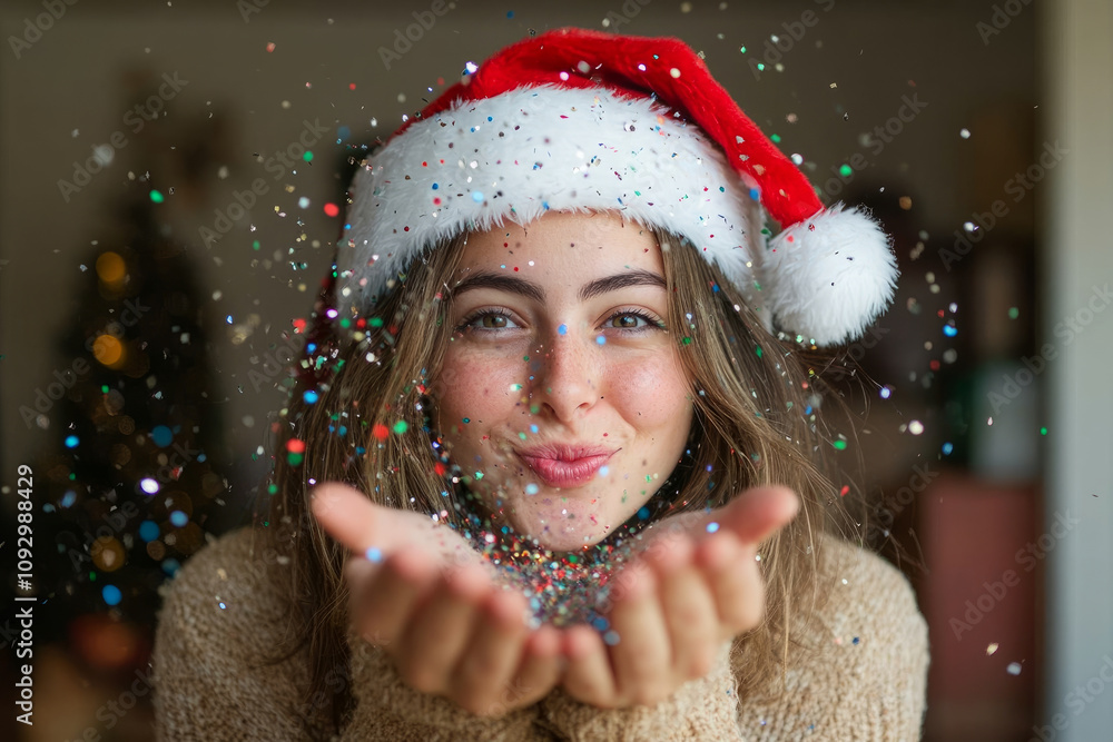Portrait of a young woman wearing a festive santa hat blowing glitter and confetti Portrait of a young woman wearing a festive santa hat blowing glitter and confetti