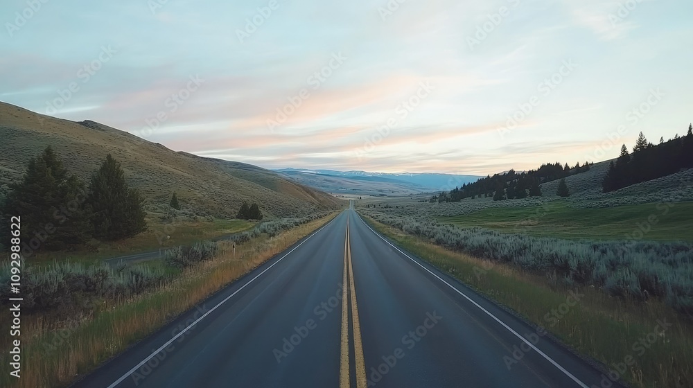 Serene Open Road Journey Through Scenic Landscape Under Soft Light of Dawn with Rolling Hills and Lush Greenery on Either Side Serene Open Road Journey Through Scenic Landscape Under Soft Light of Dawn with Rolling Hills and Lush Greenery on Either Side