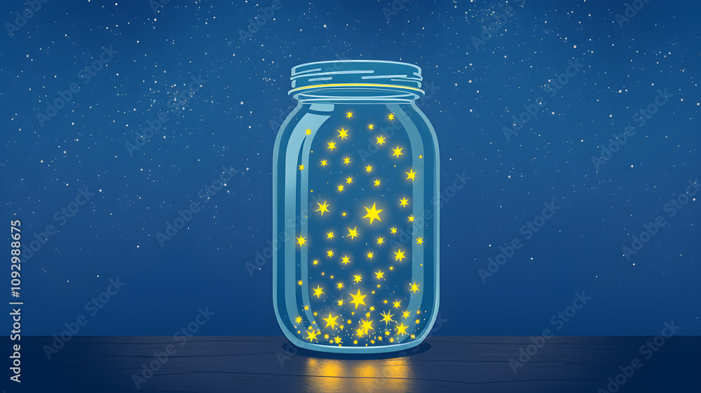 A glass jar containing tiny glowing fireflies under a starlit sky illustration. Generative AI A glass jar containing tiny glowing fireflies under a starlit sky illustration. Generative AI