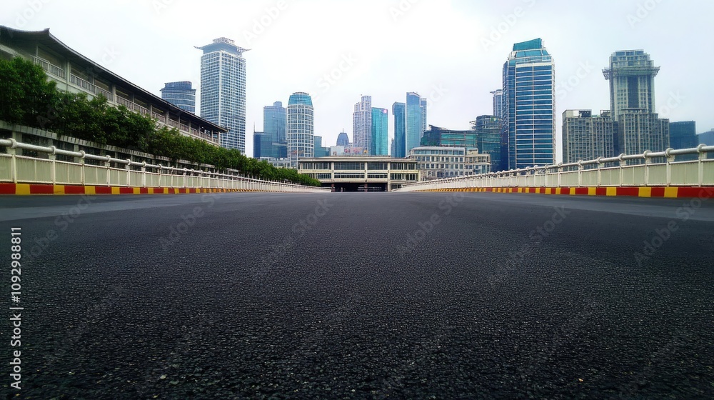 Urban Cityscape View with Empty Road Leading Towards Modern Skyscrapers and Buildings in a Metropolitan Area Under Cloudy Sky Urban Cityscape View with Empty Road Leading Towards Modern Skyscrapers and Buildings in a Metropolitan Area Under Cloudy Sky