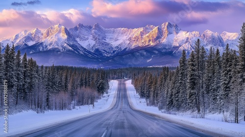 Serene Winter Landscape with Snow-Covered Road Leading to Majestic Rocky Mountain Peaks under a Colorful Sky at Dusk