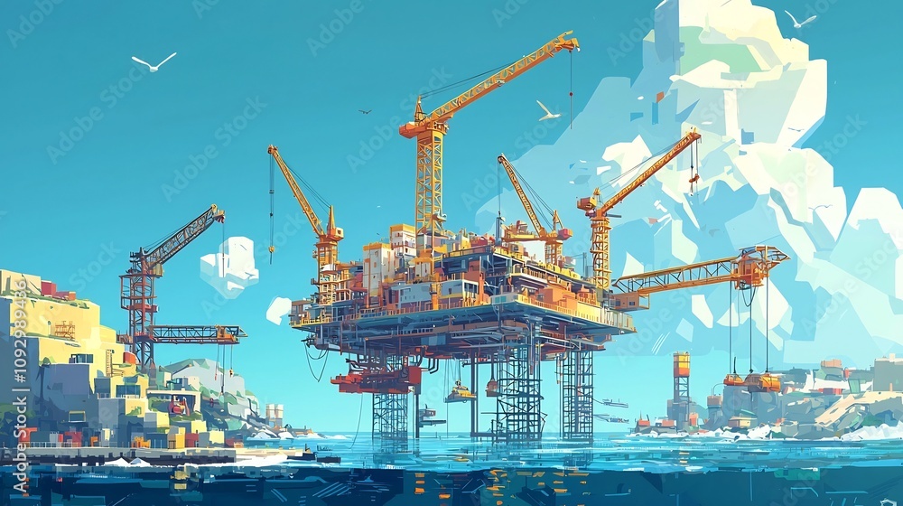 Geometric of an offshore oil rig platform with multiple cranes in action against a clear blue sky Futuristic and modern design concept for energy production industrial infrastructure and technology Geometric of an offshore oil rig platform with multiple cranes in action against a clear blue sky Futuristic and modern design concept for energy production industrial infrastructure and technology