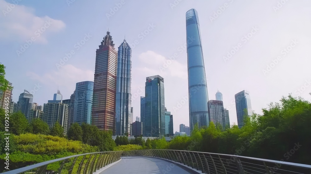 Modern Urban Skyline with Towering Skyscrapers Surrounded by Lush Greenery in a Contemporary City Landscape Captured on a Clear Sunny Day Modern Urban Skyline with Towering Skyscrapers Surrounded by Lush Greenery in a Contemporary City Landscape Captured on a Clear Sunny Day