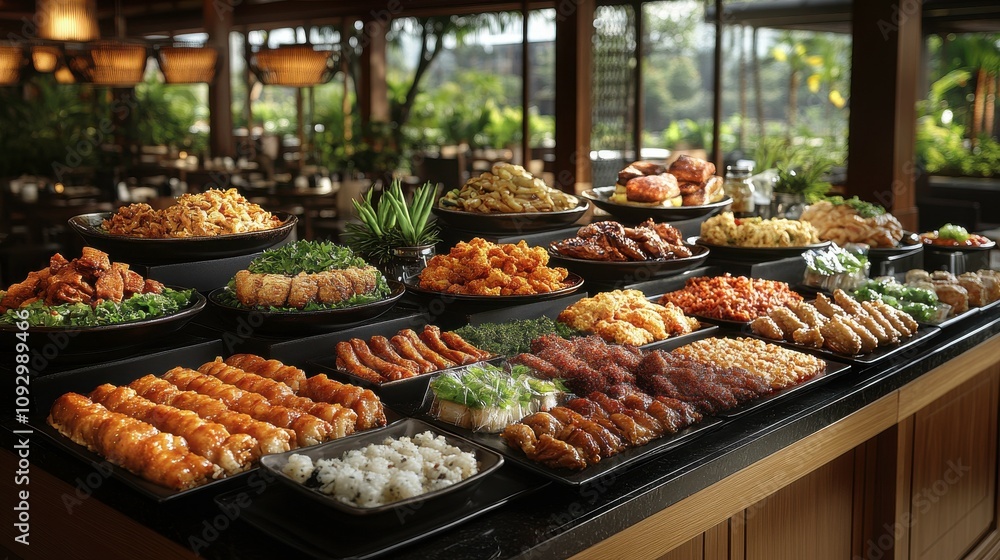 Lavish Buffet Spread Featuring Assorted Dishes Including Grilled Meats, Fried Delights, Fresh Vegetables, Rice, and Colorful Condiments in a Luxurious Dining Setting Lavish Buffet Spread Featuring Assorted Dishes Including Grilled Meats, Fried Delights, Fresh Vegetables, Rice, and Colorful Condiments in a Luxurious Dining Setting