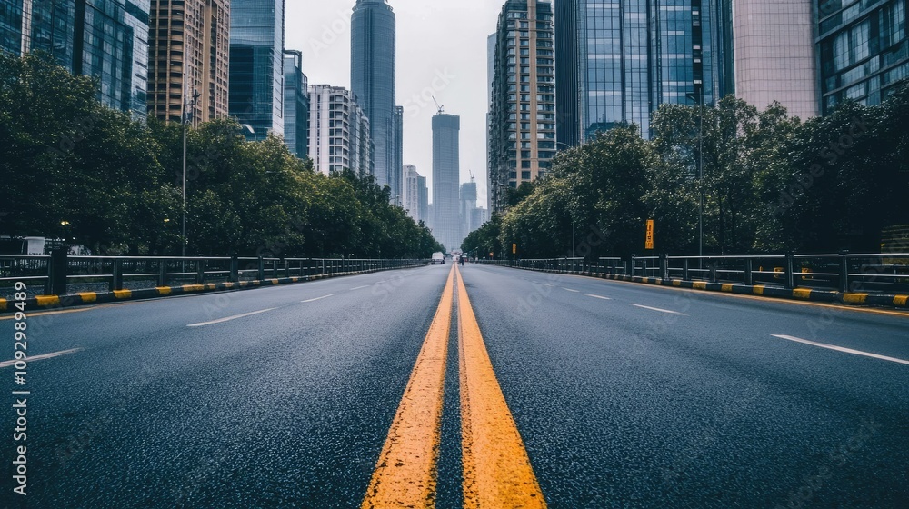 Obraz premium Urban Road Perspective with Skyscrapers and Tree-Lined Boulevards in Modern Cityscape Under Overcast Sky, Capturing the Essence of City Life and Urban Design