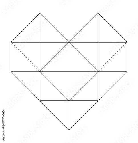 Geometric heart of triangles. Polygonal heart shape template. Black linear silhouette. Coloring pages, puzzles, holidays. Linear simple illustration.