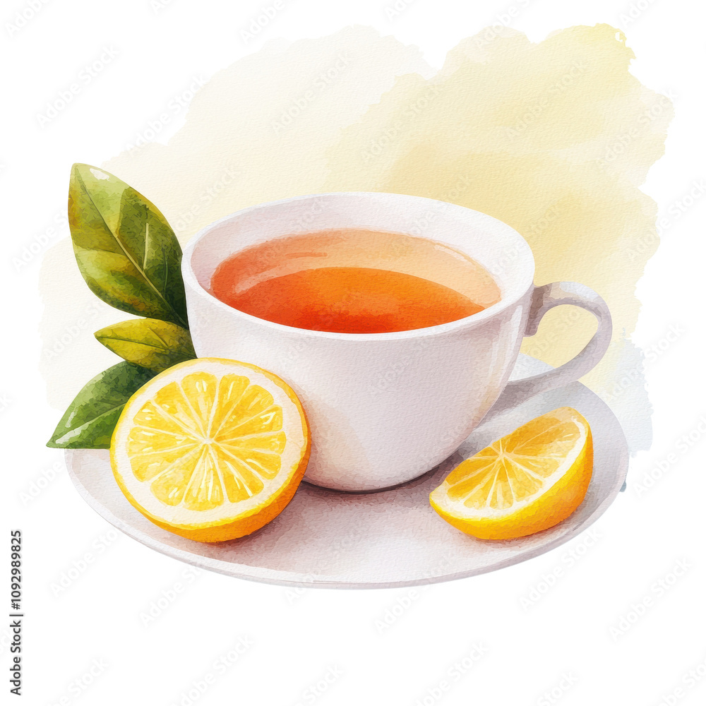 Warm and Inviting Cup of Tea with Fresh Lemon Slices Surrounded by Green Leaves on a Soft Watercolor Background Warm and Inviting Cup of Tea with Fresh Lemon Slices Surrounded by Green Leaves on a Soft Watercolor Background