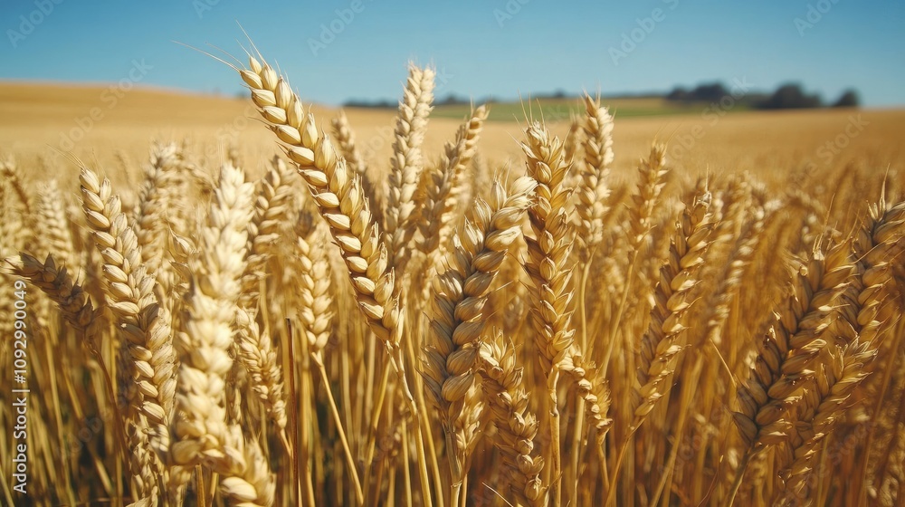 Golden Wheat Field Under Blue Sky with Sunlight Glimmering on Ripe Grain Crops in Lush Agricultural Landscape on a Bright Day of Summer Golden Wheat Field Under Blue Sky with Sunlight Glimmering on Ripe Grain Crops in Lush Agricultural Landscape on a Bright Day of Summer