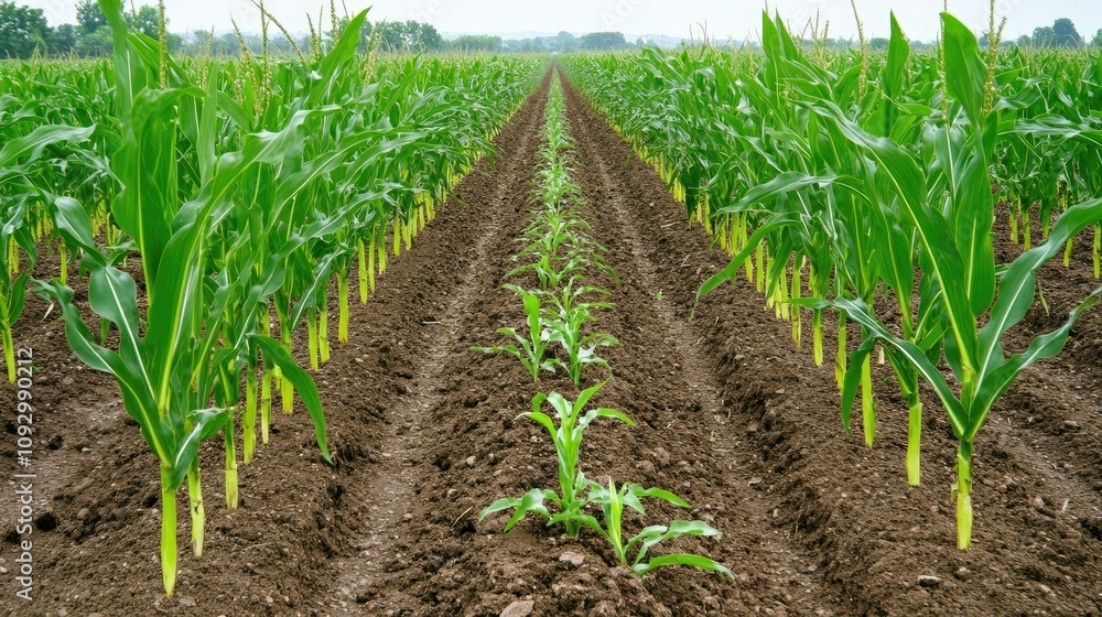 Lush Green Cornfield with Rows of Growing Corn Plants and Rich Dark Soil Under a Bright Blue Sky on a Sunny Day in Rural Agricultural Landscape Lush Green Cornfield with Rows of Growing Corn Plants and Rich Dark Soil Under a Bright Blue Sky on a Sunny Day in Rural Agricultural Landscape