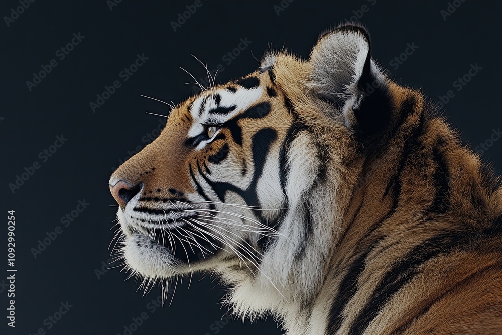 Profile portrait of Bengal tiger, Panthera tigris tigris, isolated on gray-black background Profile portrait of Bengal tiger, Panthera tigris tigris, isolated on gray-black background