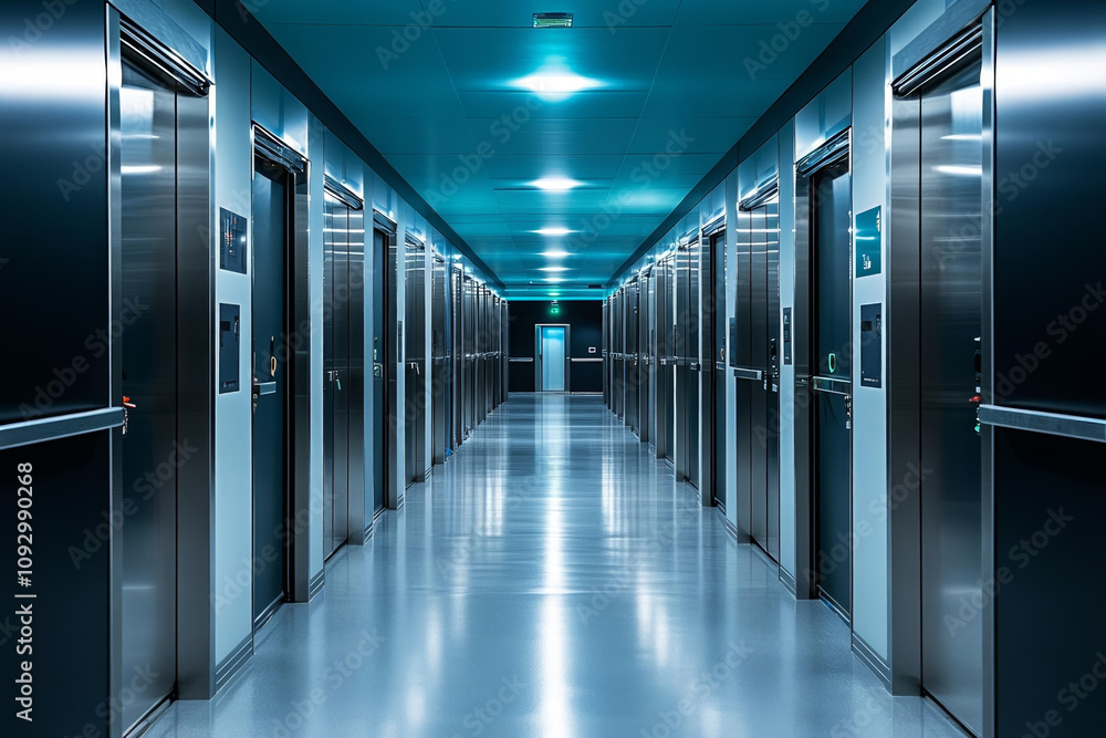 Multi purpose warehouse spaces. modern cold storage warehouse corridor with insulated doors, showcasing sleek and organized design. Multi purpose warehouse spaces. modern cold storage warehouse corridor with insulated doors, showcasing sleek and organized design.