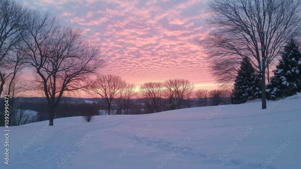 Winter Sunset Over Snowy Landscape with Leafless Trees Winter Sunset Over Snowy Landscape with Leafless Trees