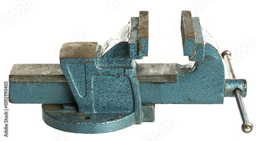 Photos Old bench vise with worn blue paint gripping nothing