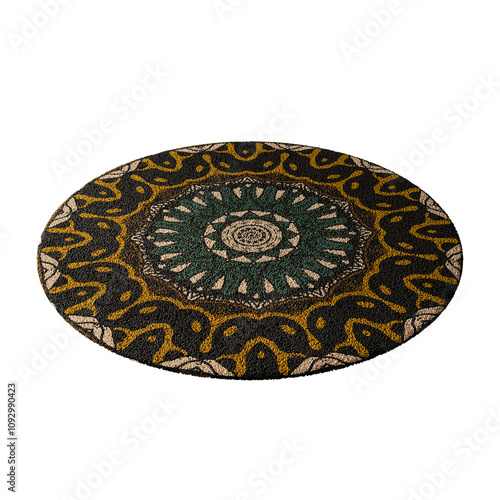A round rug with a pattern of circles and squares