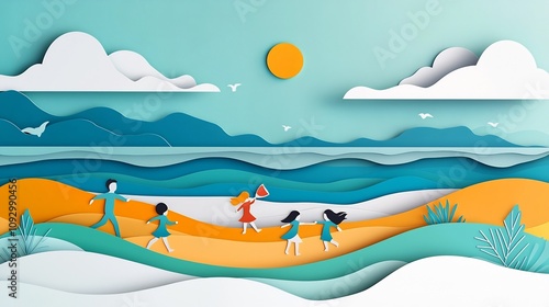 Joyful Kids Playing on Wide Beach with Minimalist Paper Cut of Abstract Ocean Layers and Sky