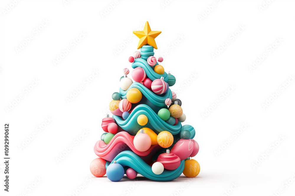 Decorated cartoon Christmas tree on white Decorated cartoon Christmas tree on white