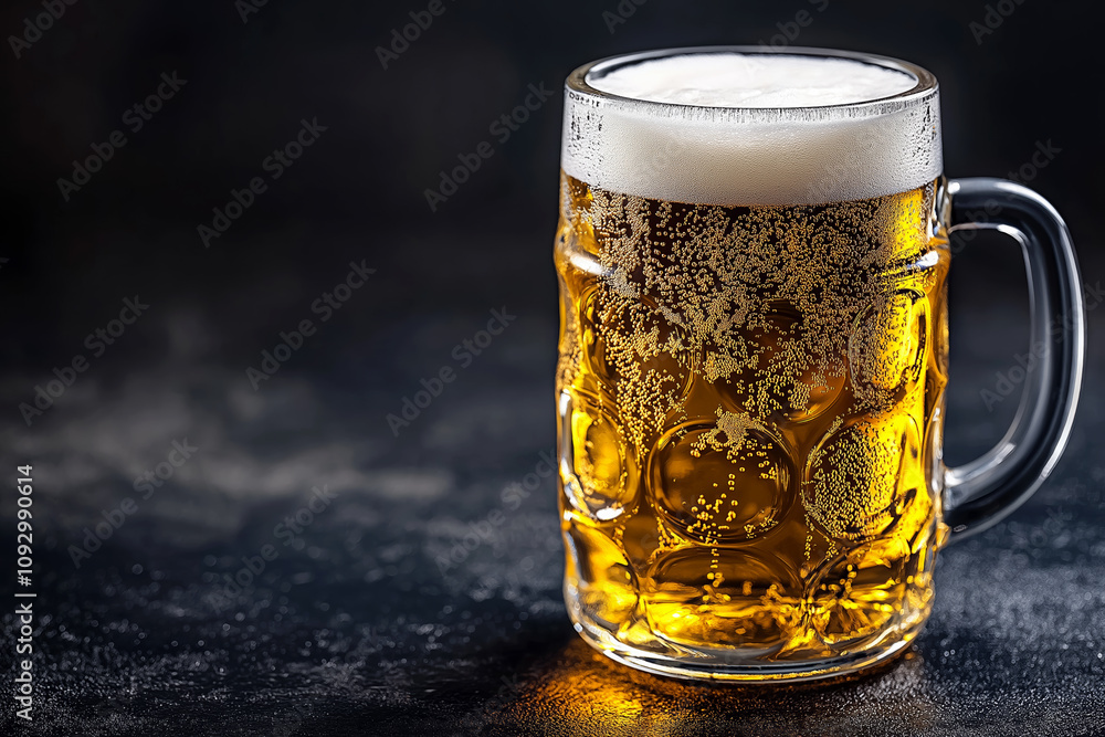 Mug of beer on dark background with space for text Mug of beer on dark background with space for text