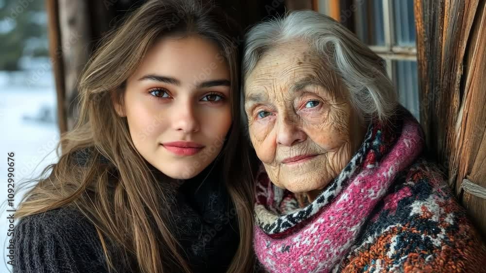 Generational bond between a young woman and her elderly relative in a cozy cabin during winter Generational bond between a young woman and her elderly relative in a cozy cabin during winter
