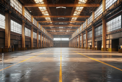 Multi purpose warehouse spaces. spacious empty industrial warehouse with high ceilings and large windows, showcasing clean concrete floor and ample natural light. atmosphere feels open and inviting