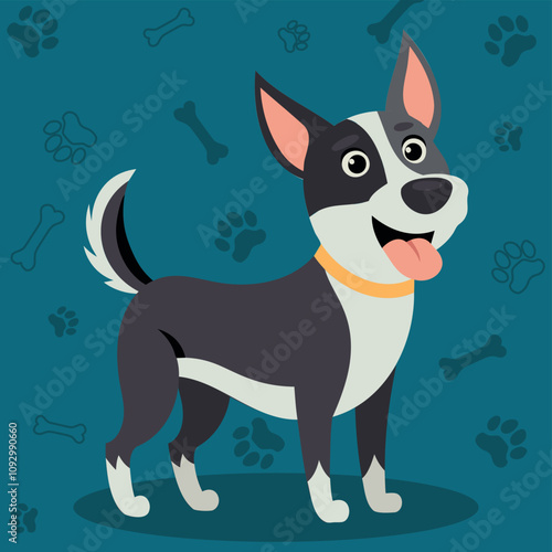 Funny Cartoon puppy standing, Portrait of cute little stray dog. Dog friend. Vector illustration. Cute cartoon dog or puppy character design with flat color. Happy Street dog