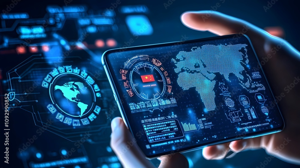 Fototapeta premium Hands holding a smartphone with a firewall icon and a map of China displayed. The Great Firewall of China. Copy space. 
