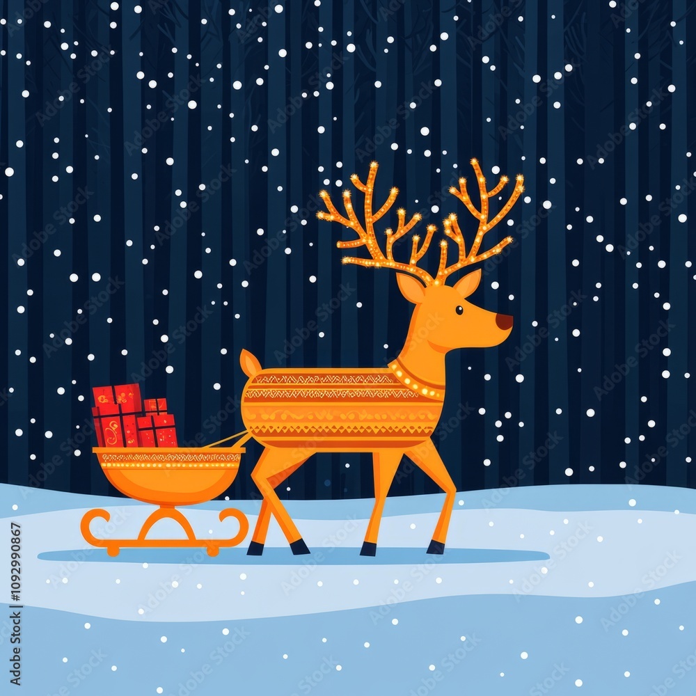Reindeer pulling sleigh with gifts in snowy forest. Reindeer pulling sleigh with gifts in snowy forest.