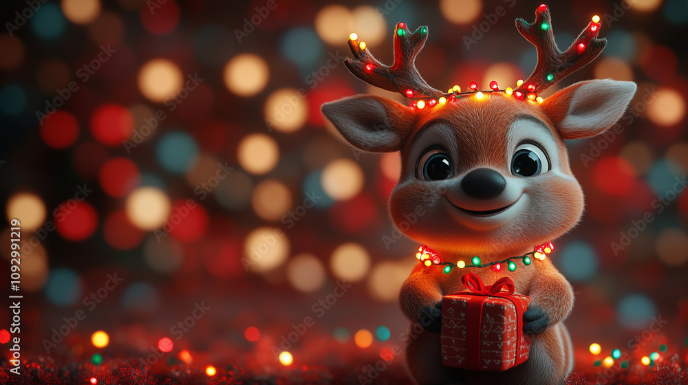 Fototapeta premium Illustration reindeer with gift and string lights, character, mascot, banner copy space, Happy New Year Merry Christmas
