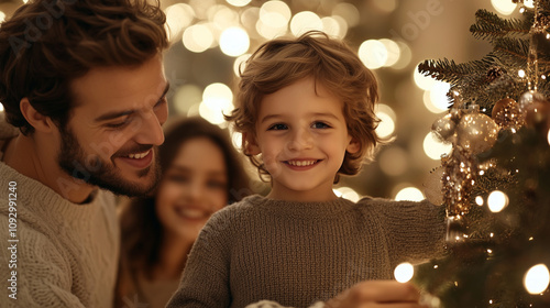 Family Decorating Christmas Tree Together in Joyful Atmosphere photo