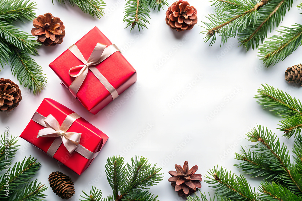 white background Top view of Christmas red gift boxes, fir tree branches and pine cones, Christmas with copy space in the corner on the right white background Top view of Christmas red gift boxes, fir tree branches and pine cones, Christmas with copy space in the corner on the right
