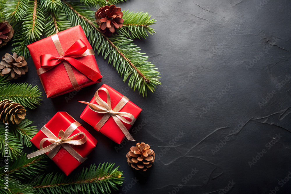 black background Top view of Christmas red gift boxes, fir tree branches and pine cones, Christmas  with copy space in the corner on the right