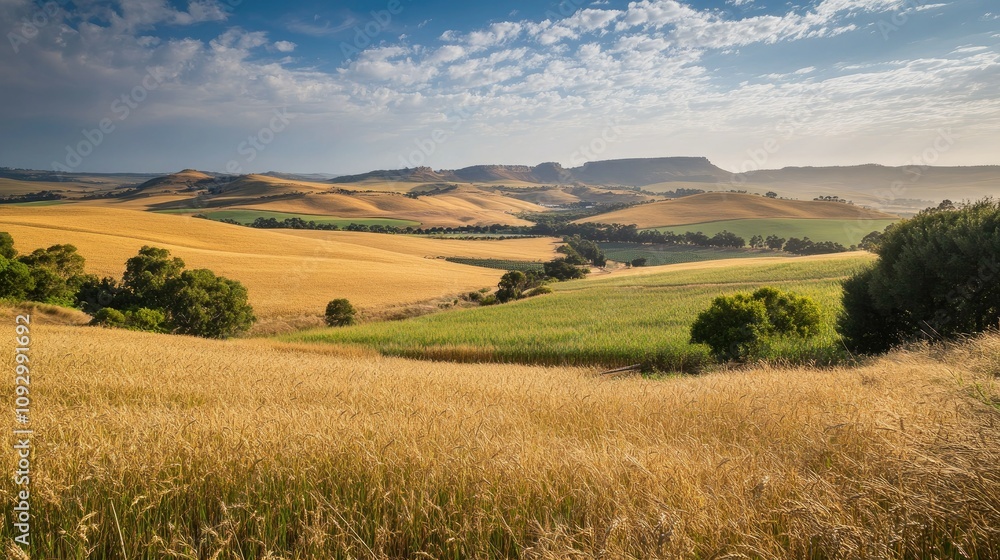 Fototapeta premium Expansive Golden Wheat Fields and Lush Green Valleys Under Bright Blue Sky with Fluffy Clouds in Scenic Rural Landscape