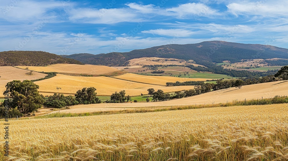 A Scenic View of Rolling Golden Wheat Fields Under a Blue Sky with White Clouds and Mountain Range in the Background, Showcasing the Beauty of Rural Agriculture A Scenic View of Rolling Golden Wheat Fields Under a Blue Sky with White Clouds and Mountain Range in the Background, Showcasing the Beauty of Rural Agriculture