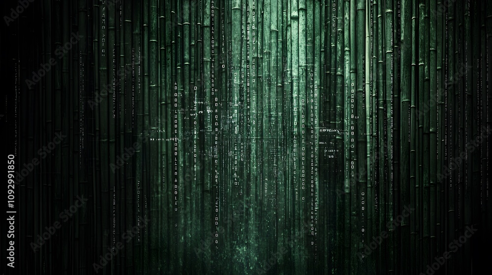 Image of bamboo curtains with digital data symbols reflecting censorship. The Great Firewall of China. Copy space. Image of bamboo curtains with digital data symbols reflecting censorship. The Great Firewall of China. Copy space.